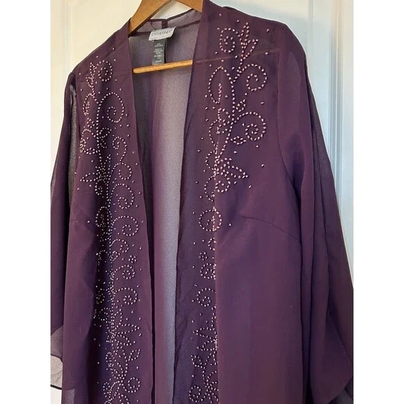 Catherine's 20W Petite Size Beaded Sheer Chiffon Kimono Cardigan Plum Open Front - Picture 3 of 9